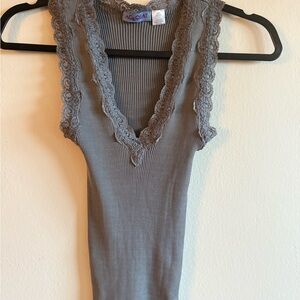 Acrobat Taupe Ribbed Tank with Lace Detail